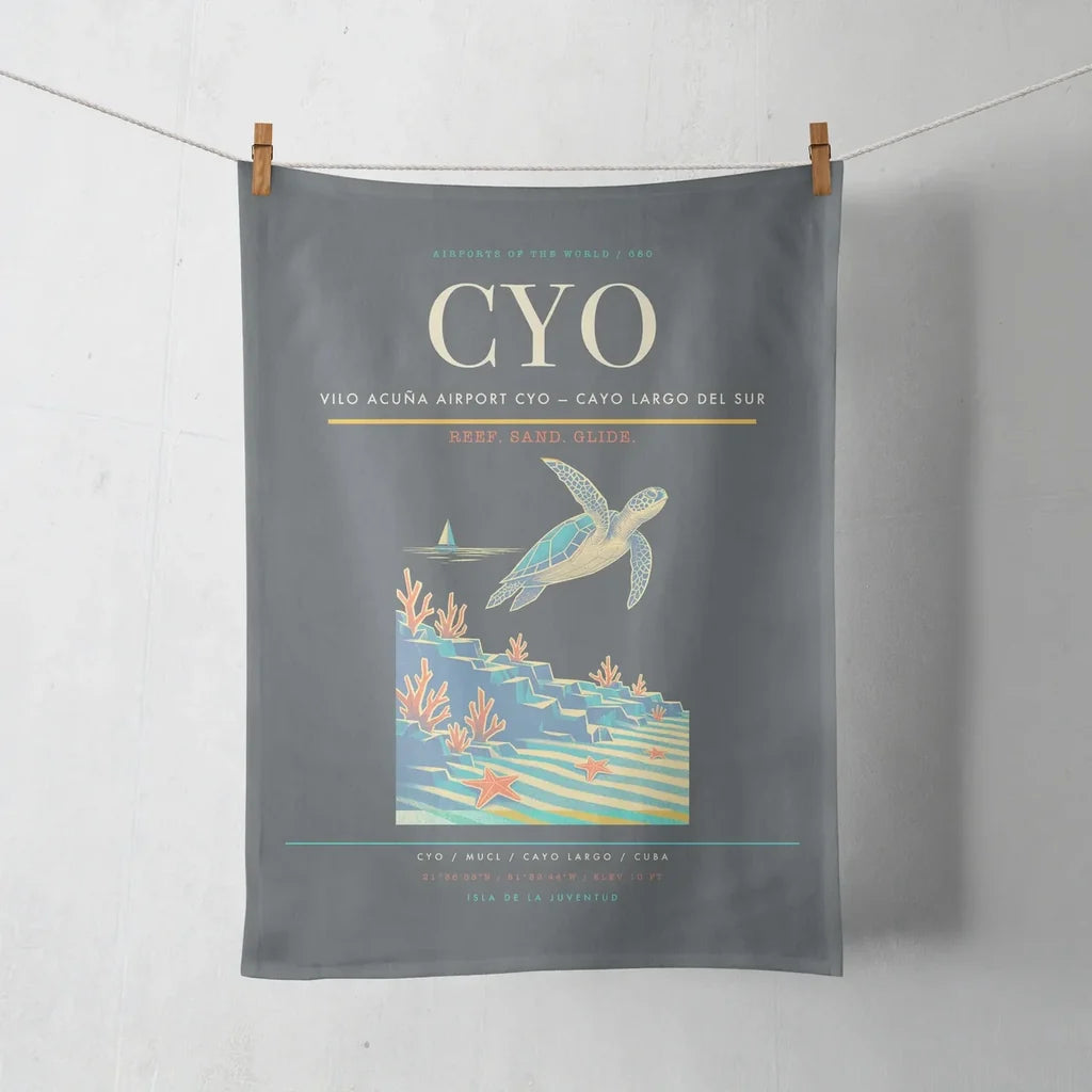 Vilo Acuña Airport (CYO) design on gray towel