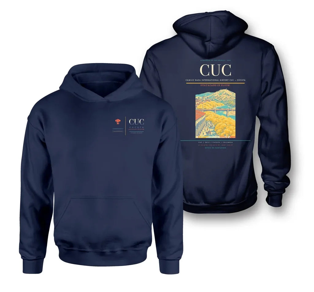 Camilo Daza International Airport (CUC) design on navy blue double-side hoodie