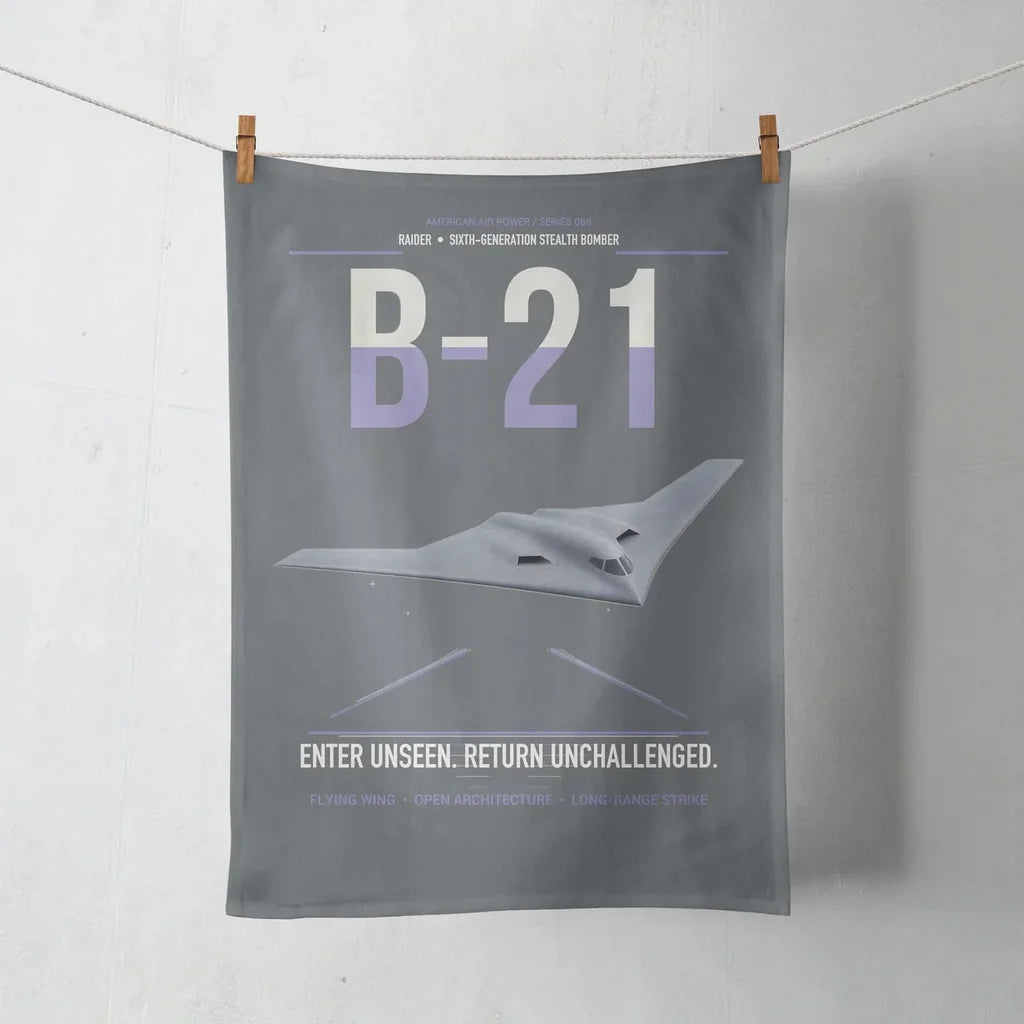 B-21 Raider design on gray towel