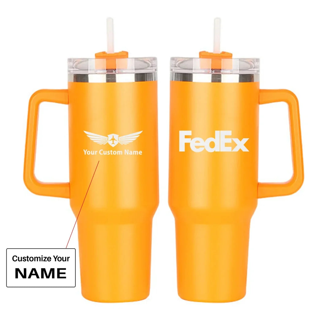 FedEx 40oz Stainless Steel Car Mug With Holder, Orange+Name