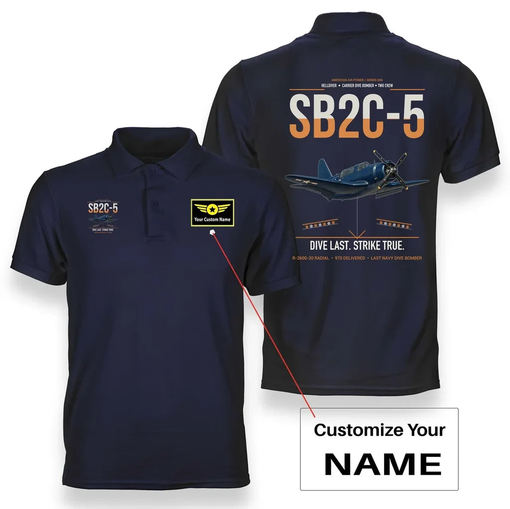 SB2C-5 Helldiver design on navy blue+name double-side polo t-shirt, double-side print