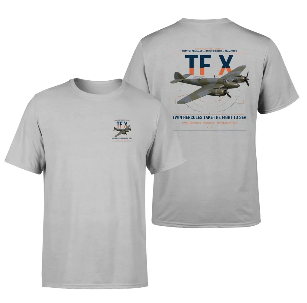 Bristol Beaufighter TF X design on light gray t-shirt, double-side print