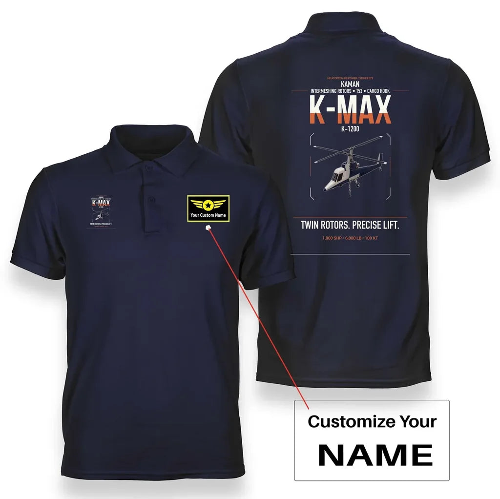 Kaman K-1200 K-MAX design on navy blue+name double-side polo t-shirt, double-side print