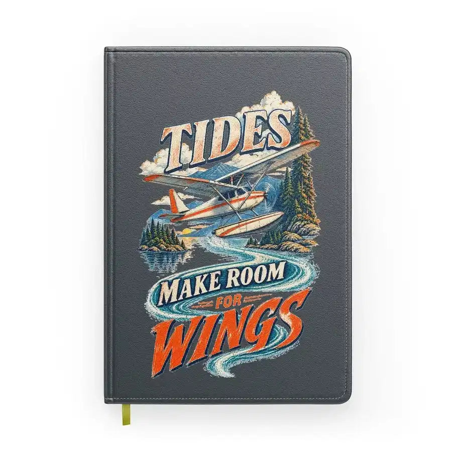 Tides Make Room For Wings design on gray notebook
