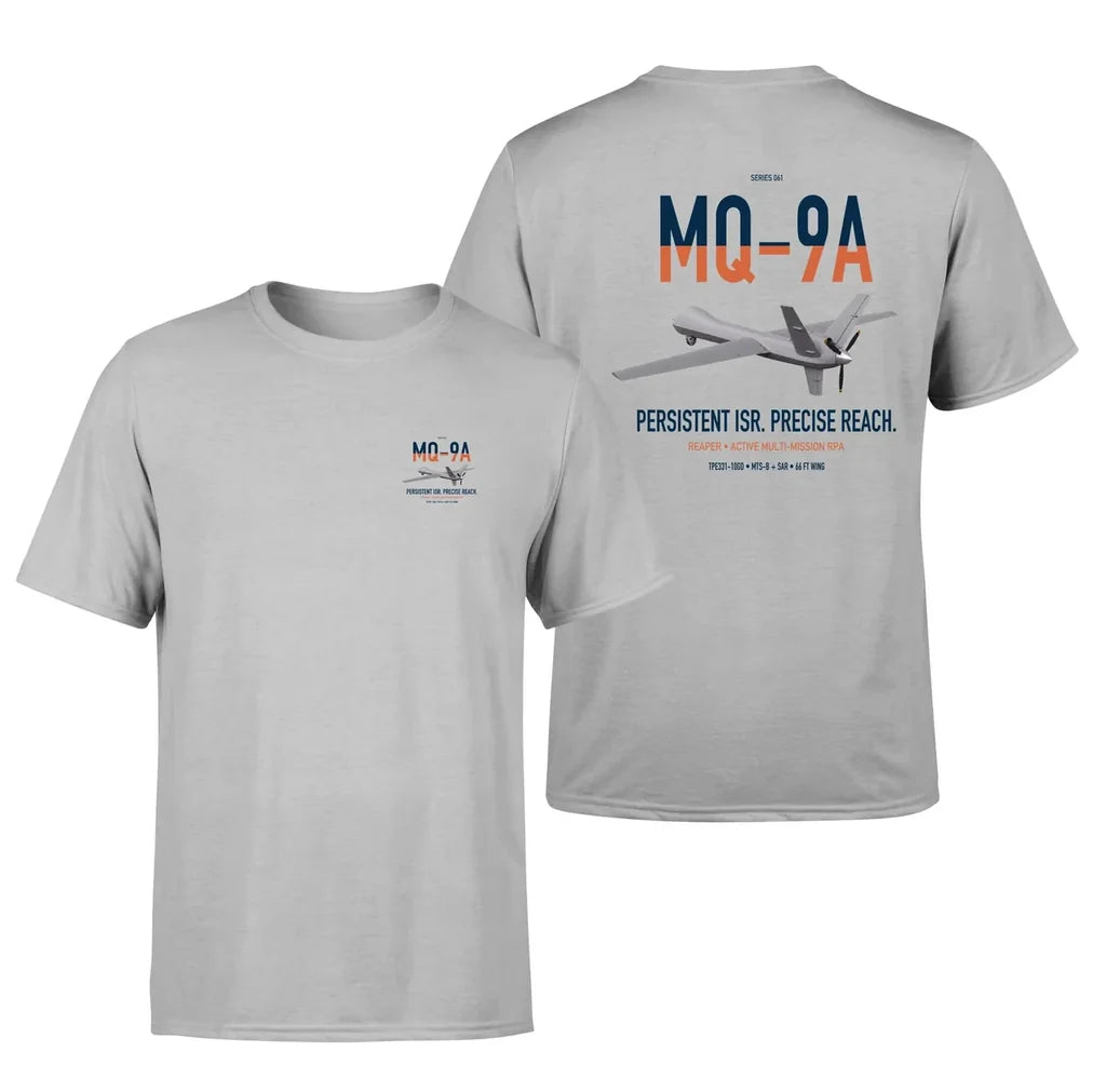 MQ-9A Reaper design on light gray double-side t-shirt, double-side print
