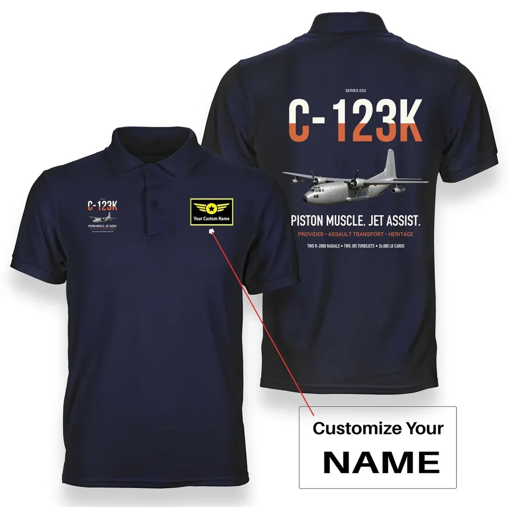 C-123K Provider design on navy blue+name double-side polo t-shirt, double-side print