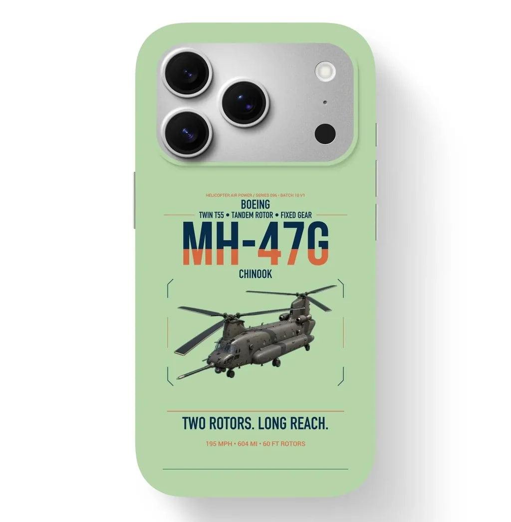 Boeing MH-47G Chinook design on light green magsafe iphone case, for iPhone 17 Pro