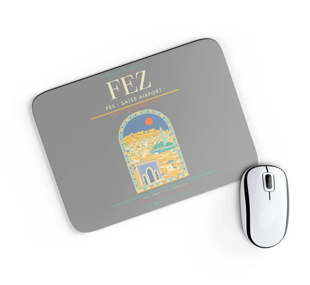 Fes (FEZ) design on gray rectangle mouse pad