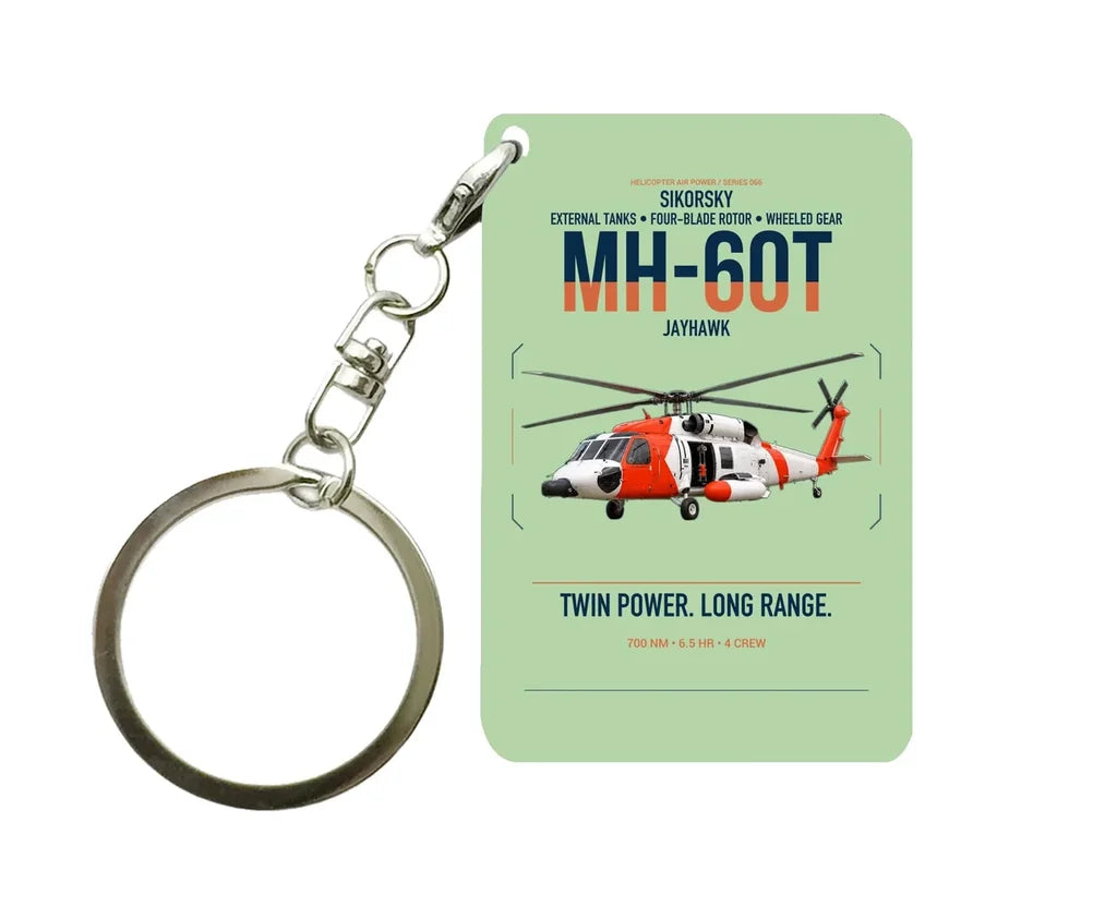 Sikorsky MH-60T Jayhawk design on light green designed key chain, double-side print