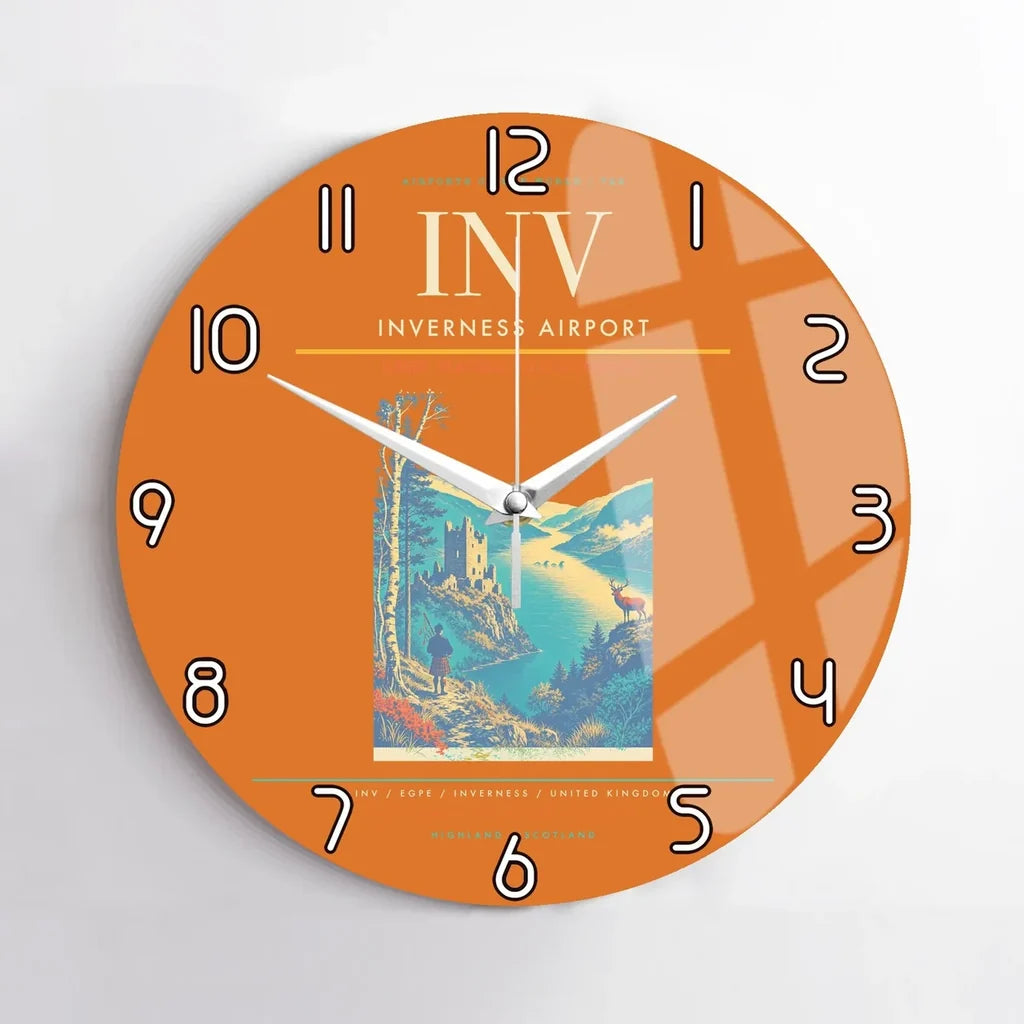 Inverness Airport (INV) design on orange no frame wall clock