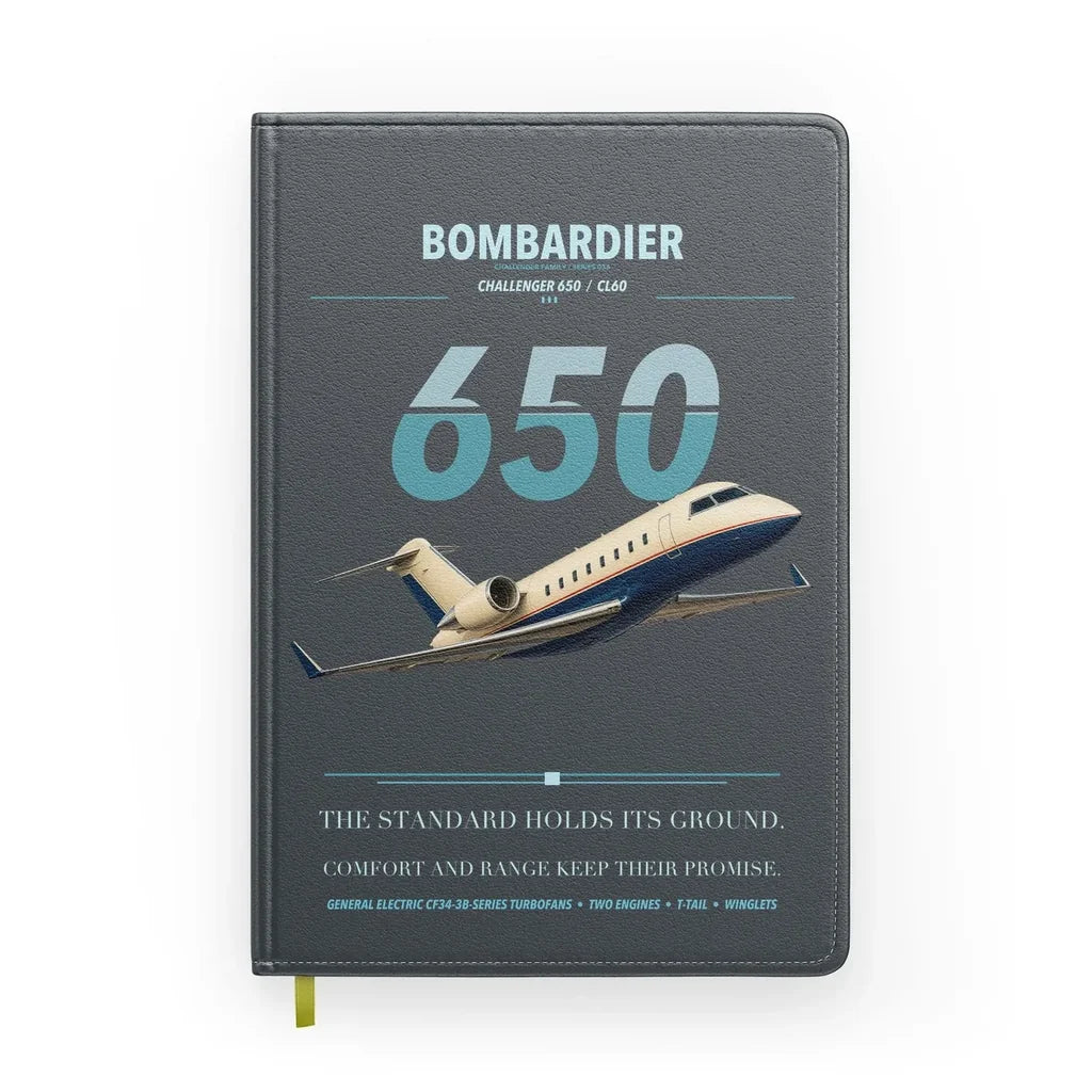 Bombardier Challenger 650 design on gray notebook