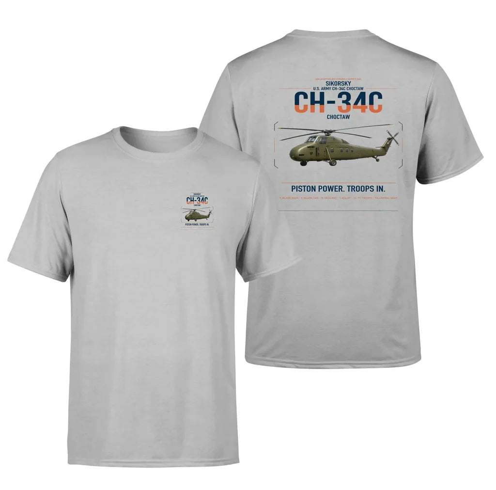 Sikorsky CH-34C Choctaw design on light gray t-shirt, double-side print