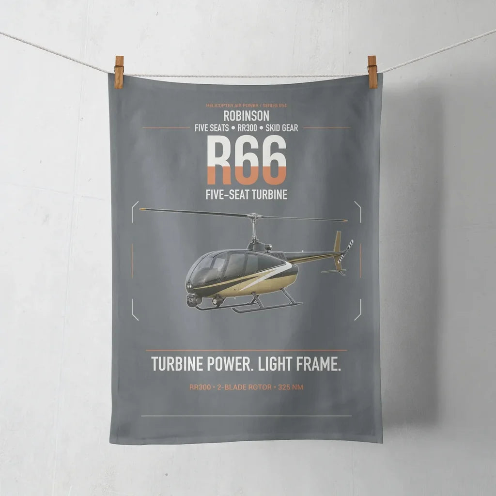 Robinson R66 design on gray towel