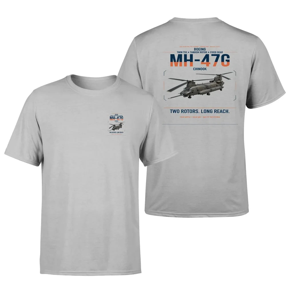 Boeing MH-47G Chinook design on light gray t-shirt, double-side print