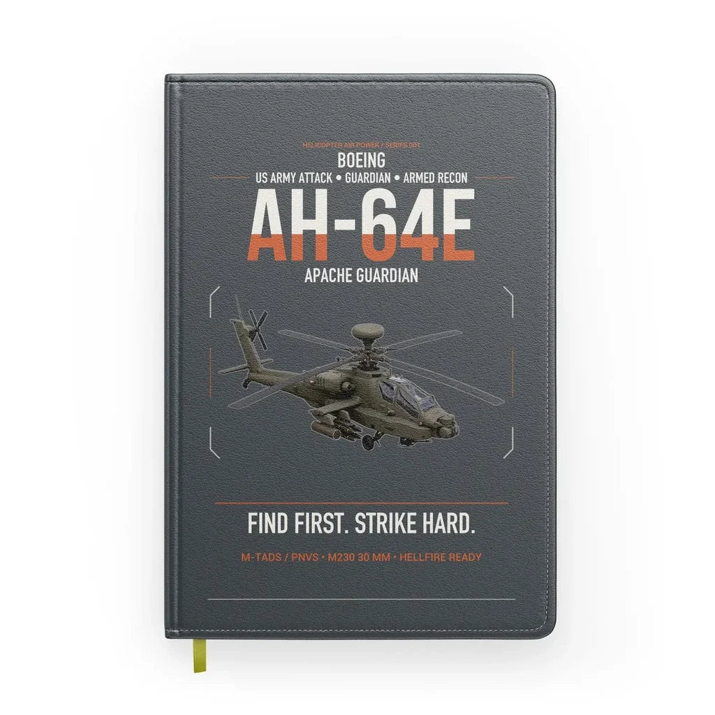 Boeing AH-64E Apache Guardian design on gray notebook