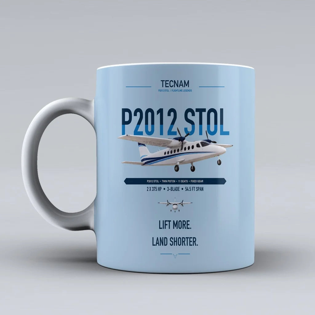 Tecnam P2012 STOL design on light blue ceramic mug, double-side print