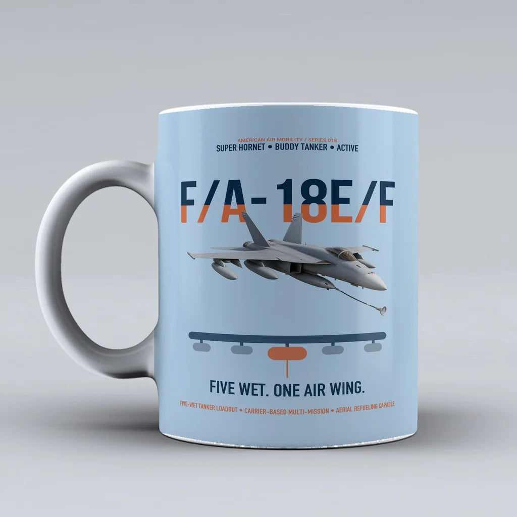 F A-18E F Buddy Tanker design on light blue ceramic mug, double-side print