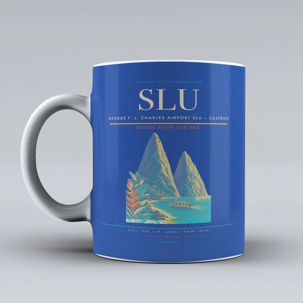 George F. L. Charles Airport (SLU) airport code design on blue ceramic mug
