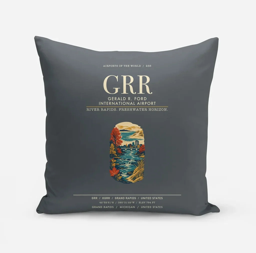 Gerald R. Ford International Airport Grand Rapids (GRR) design on gray pillow