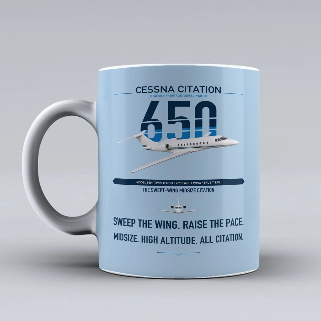 Cessna Citation 650 - Citation III design on light blue ceramic mug, double-side print