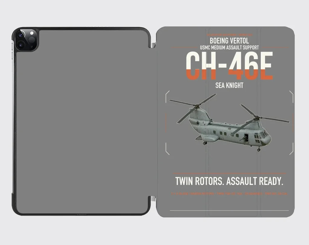 Boeing Vertol CH-46E Sea Knight design on gray ipad tablet case