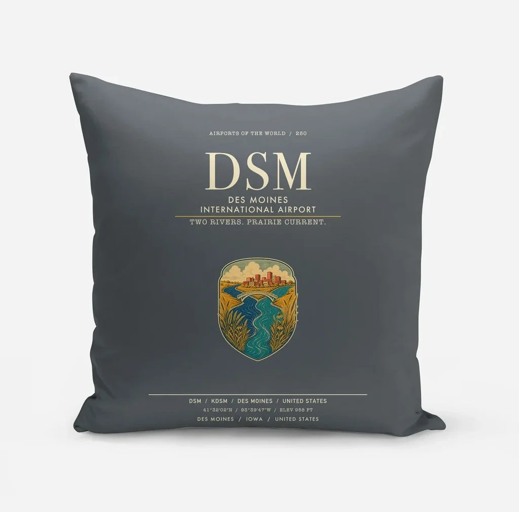 Des Moines International Airport (DSM) design on gray pillow