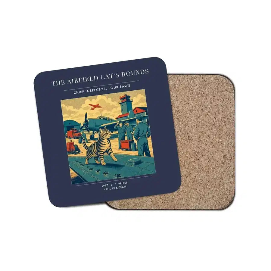 The Airfield Cat's Rounds - Designed Coasters design on navy blue 1-piece