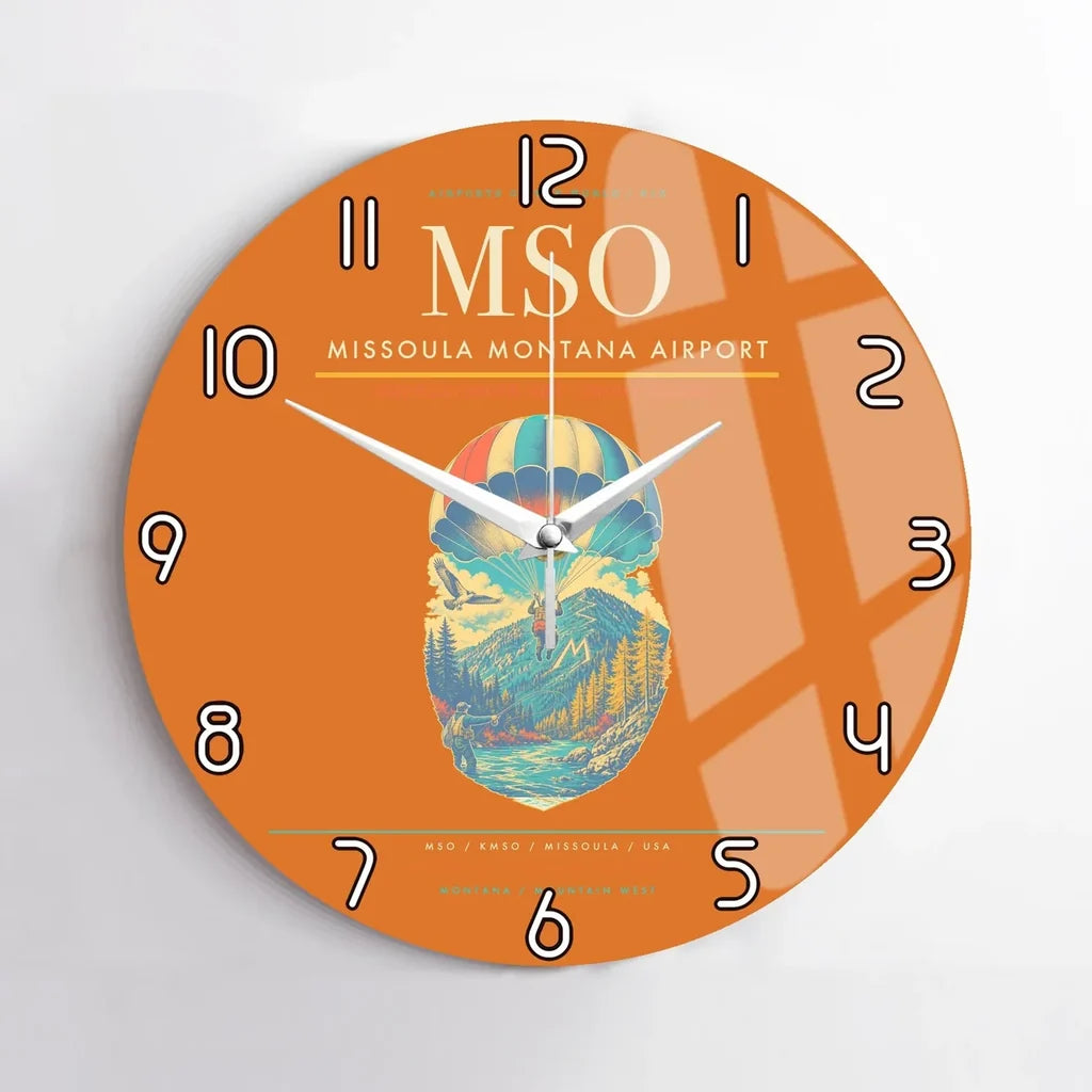 Missoula Montana Airport (MSO) design on orange no frame wall clock