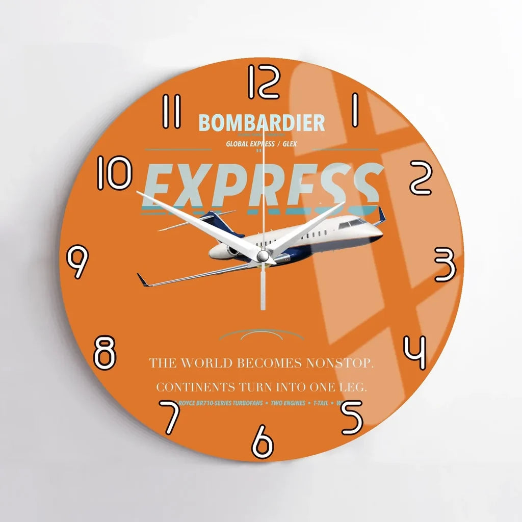Bombardier Global Express design on orange no frame wall clock