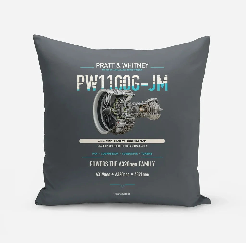 PW1100G-JM design on gray pillow