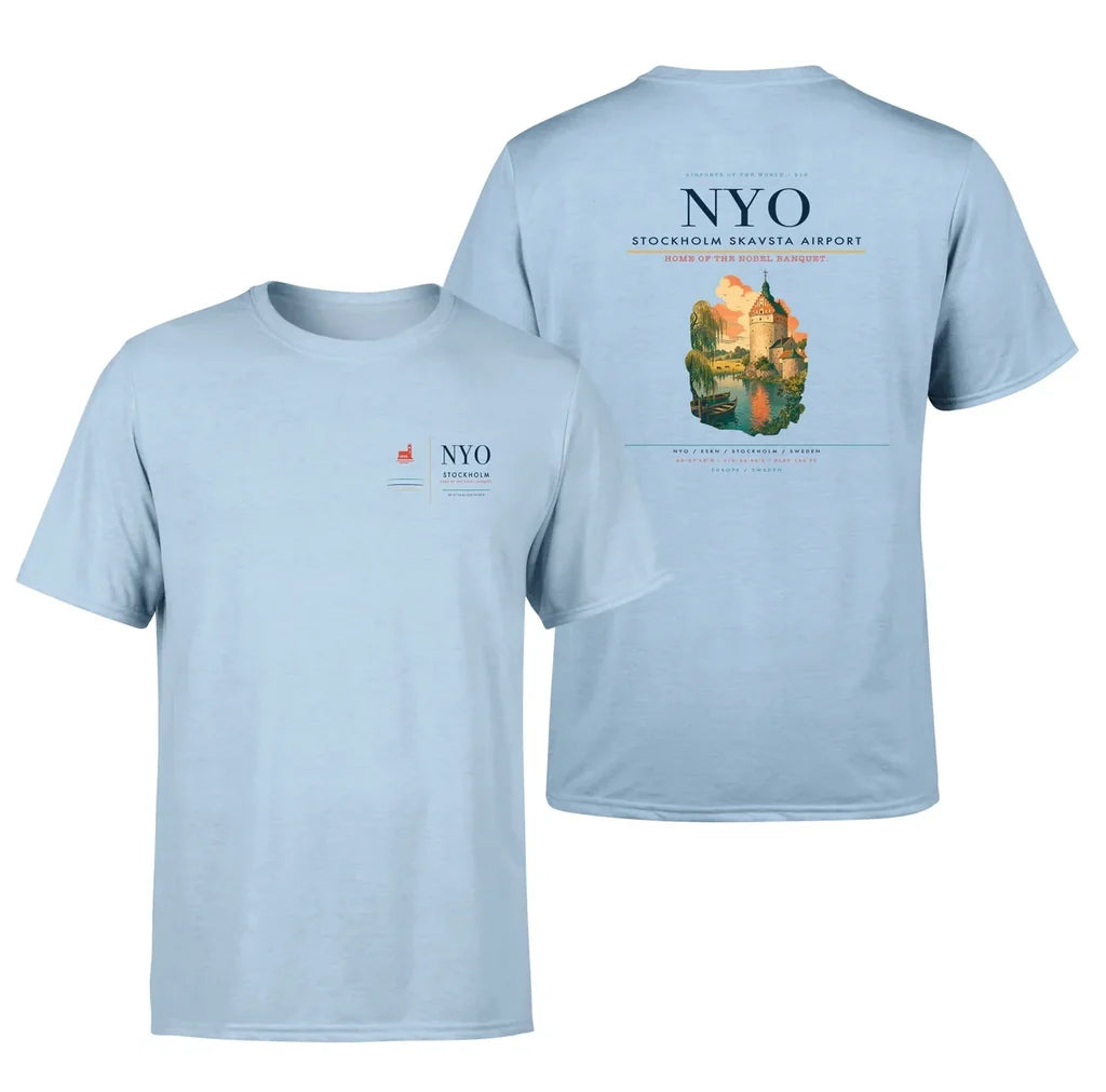 Stockholm Skavsta Airport (NYO) design printed on light blue double-side t-shirt