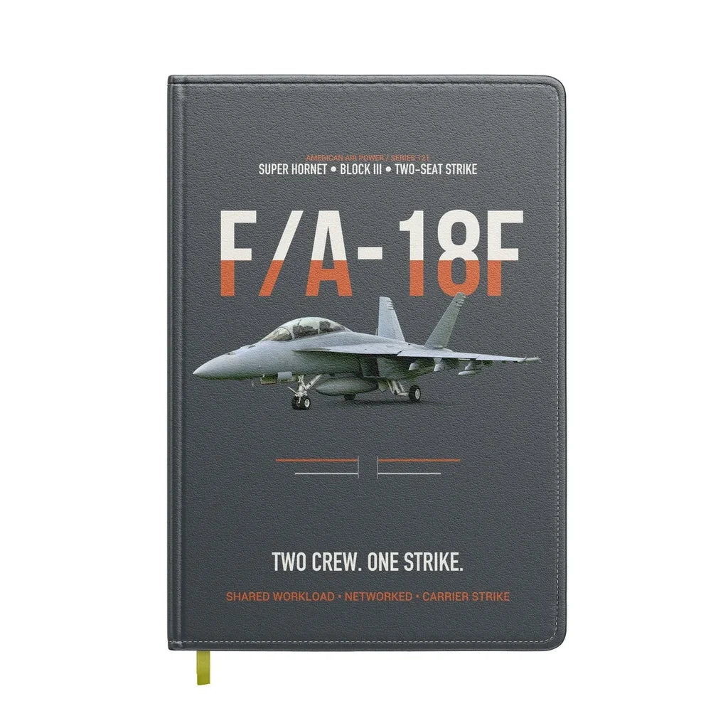 F-A-18F Super Hornet Block III Two Crew One Strike design on gray notebook