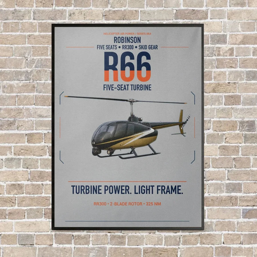 Robinson R66 vertical canvas print - framed - light gray background