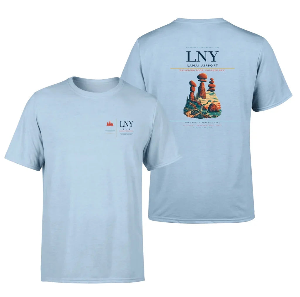 Lanai Airport (LNY) design printed on light blue double-side t-shirt