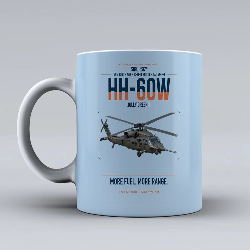 Sikorsky HH-60W Jolly Green II design on light blue ceramic mug, double-side print
