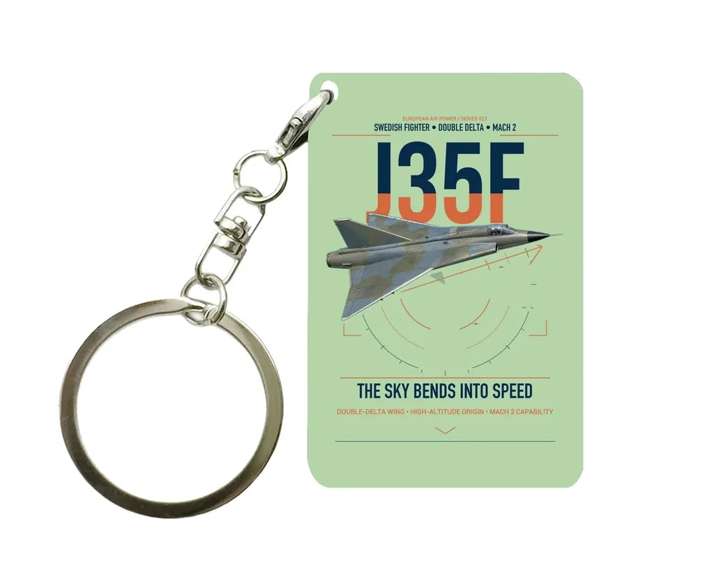 Saab J 35F Draken design on light green designed key chain, double-side print