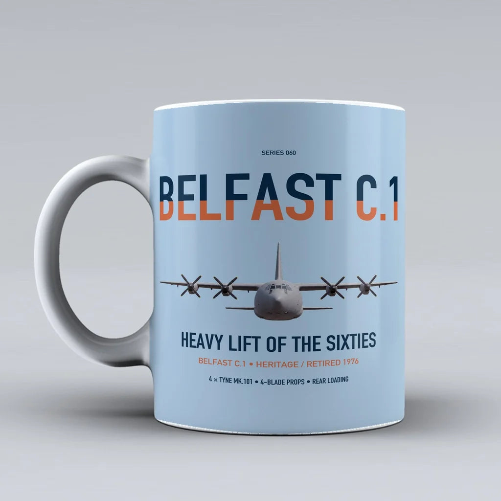 Short Belfast C.1 design on light blue ceramic mug, double-side print