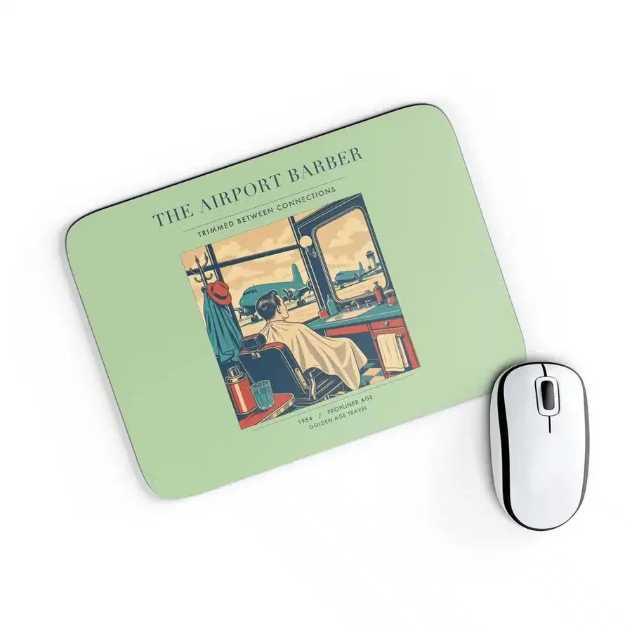 VINTAGE G4377 - The Airport Barber - Designed Mouse Pads design on lightgreen rectangle