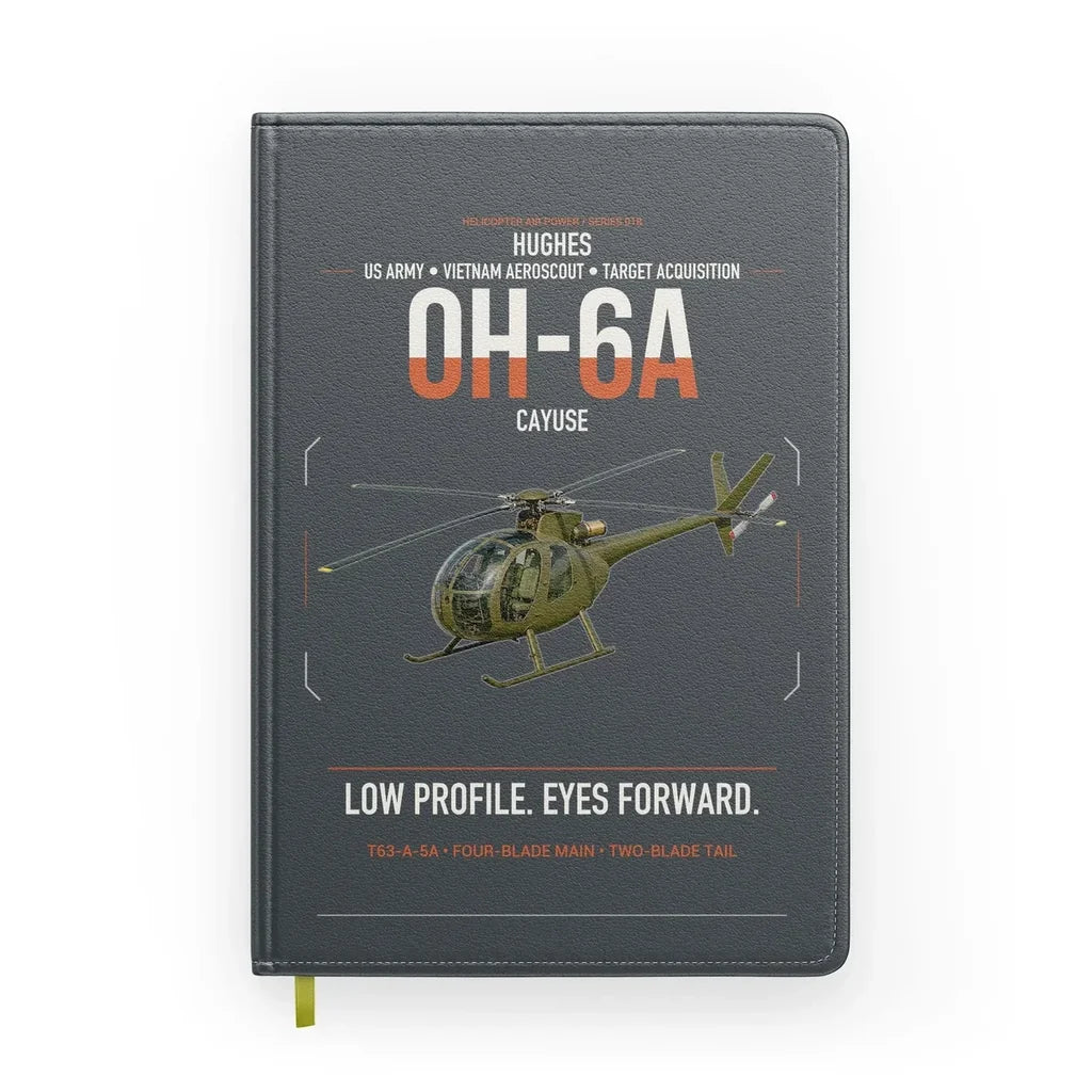 Hughes OH-6A Cayuse design on gray notebook