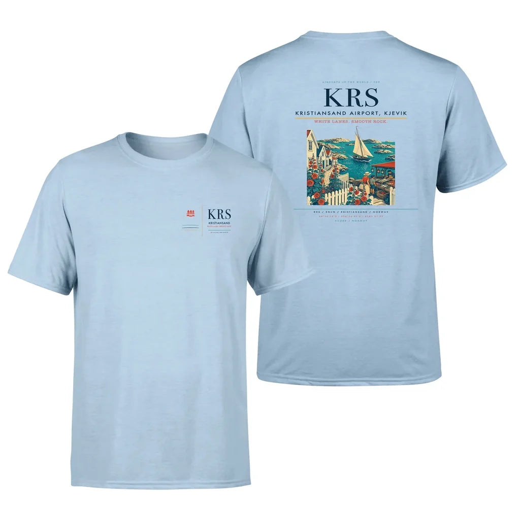 Kristiansand Airport, Kjevik (KRS) design printed on light blue double-side t-shirt