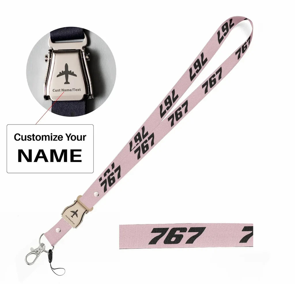 Boeing 767 Flat Text seat belt lanyard - pink with name