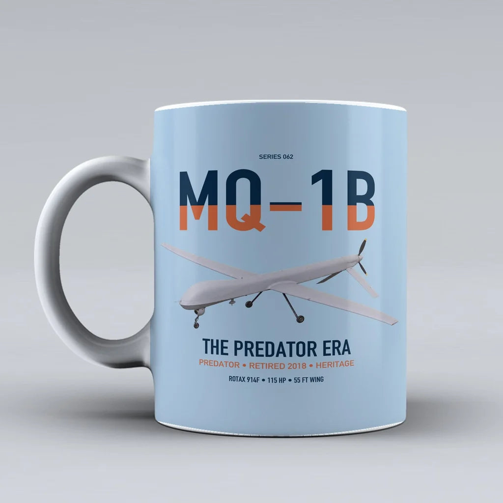 MQ-1B Predator design on light blue ceramic mug, double-side print