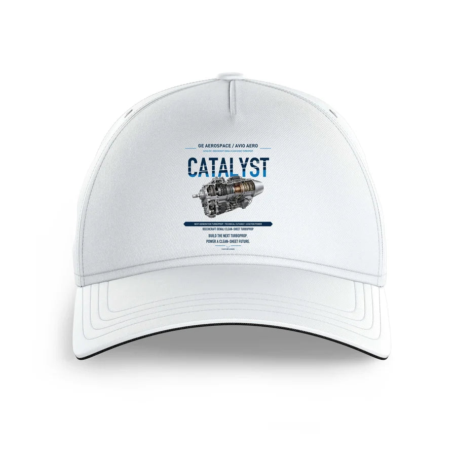 CATALYST design on white printed hat