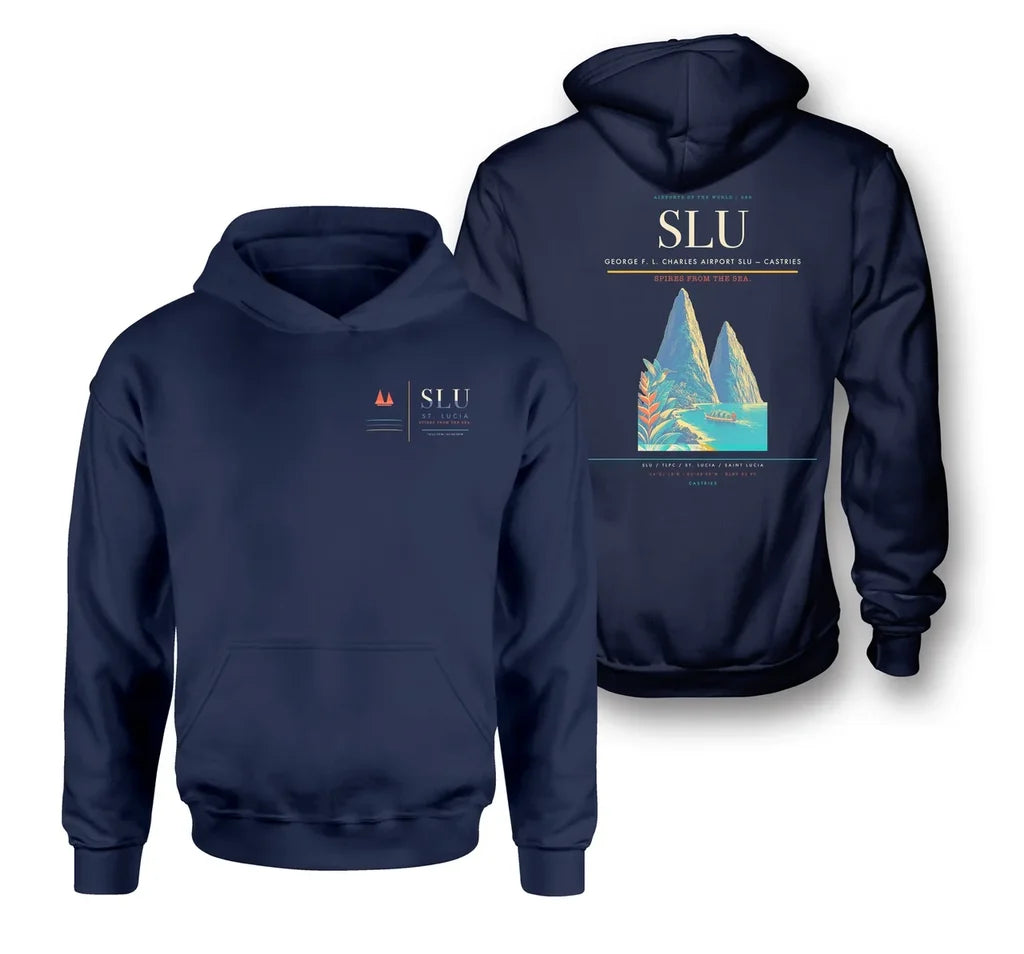 George F. L. Charles Airport (SLU) design on navy blue double-side hoodie