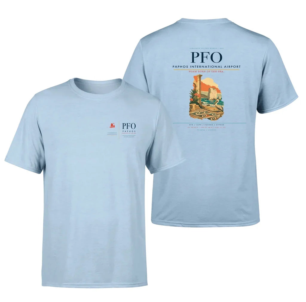 Paphos International Airport (PFO) design printed on light blue double-side t-shirt