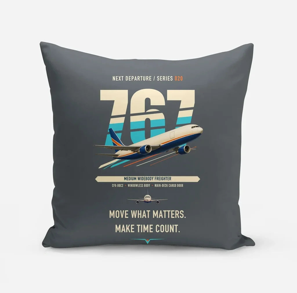 Boeing 767-300F design on gray pillow