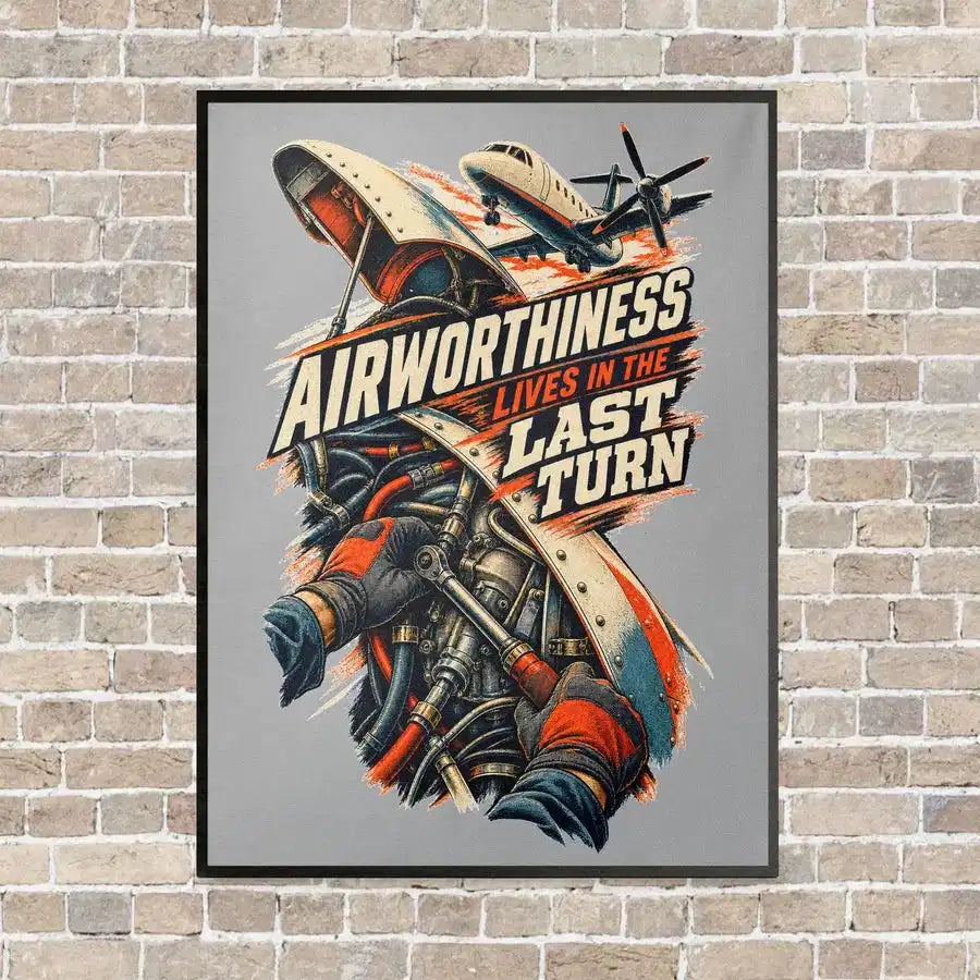 Airworthiness Lives In The Last Turn vertical canvas print - framed - light gray background