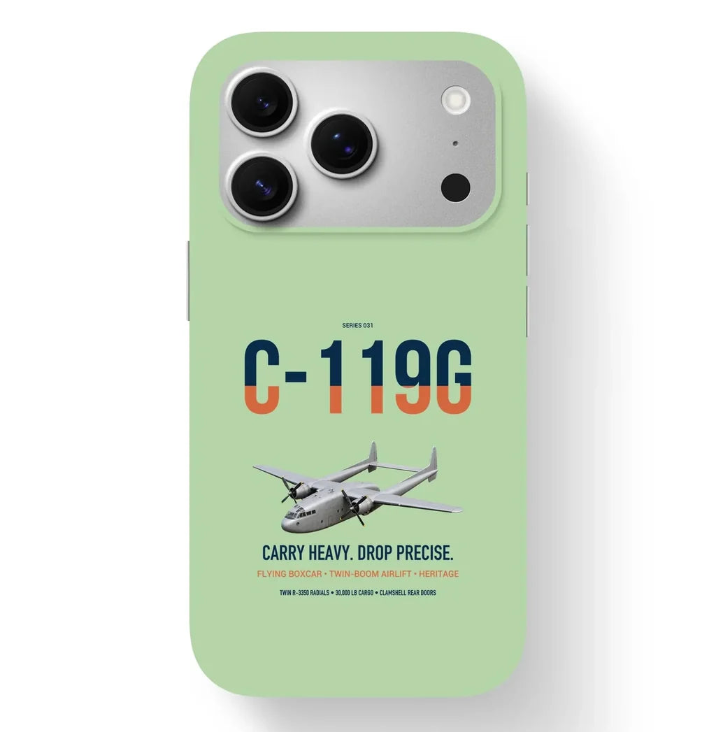 C-119G Flying Boxcar design on light green magsafe iphone case, for iPhone 17 Pro
