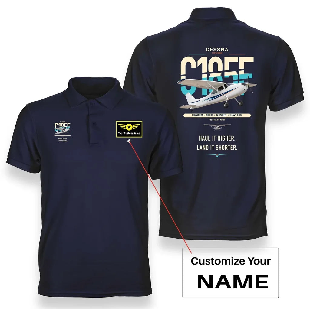 Cessna A185F Skywagon design on navy blue+name double-side polo t-shirt, double-side print