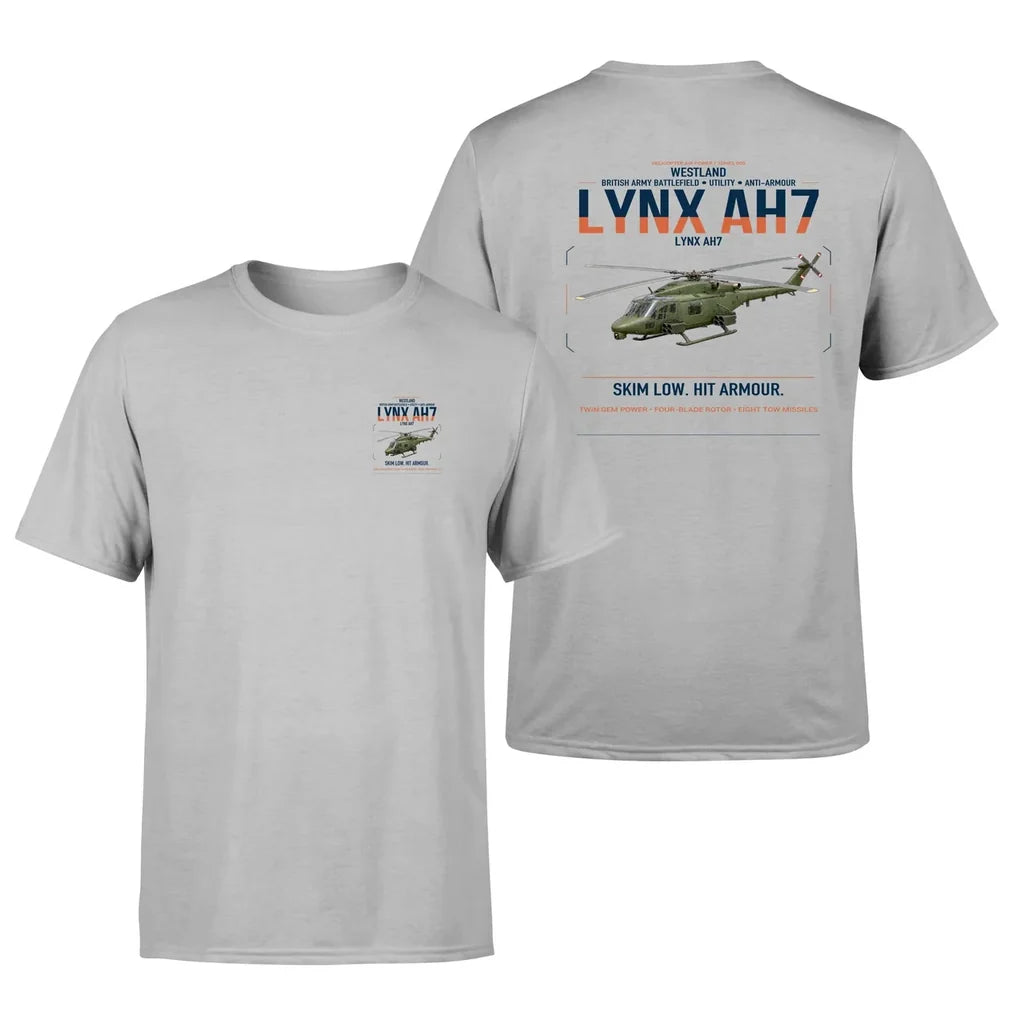 Westland Lynx AH7 design on light gray t-shirt, double-side print